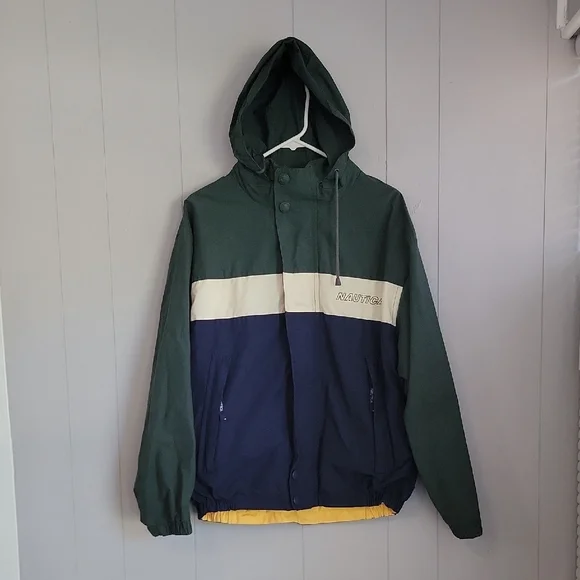 Vintage Nautica Mens Jacket XL Hooded Green Reversible Long Sleeve - Picture 2 of 7